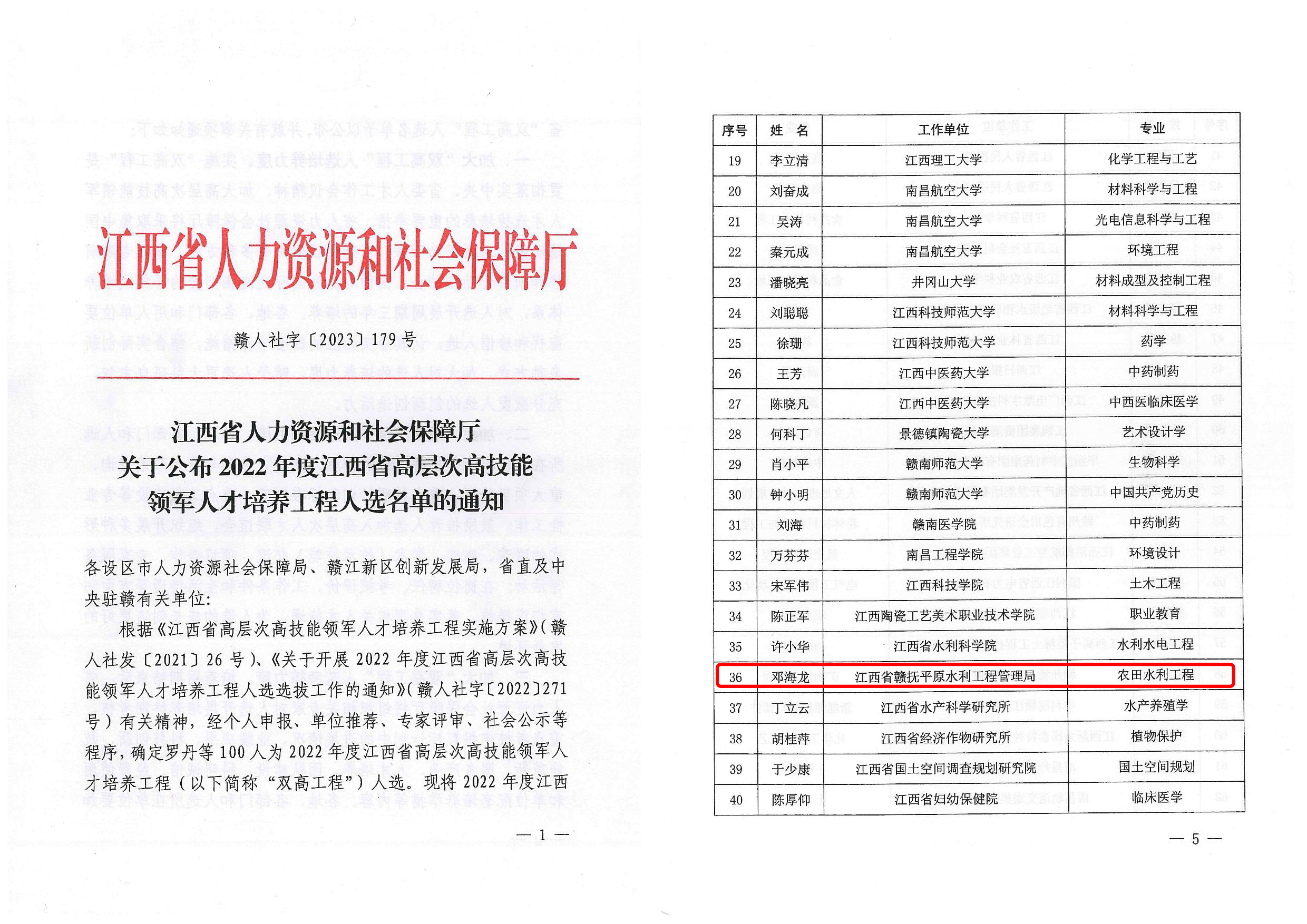 喜报！我局邓海龙同志入选2022年度江西省“双高工程”人选